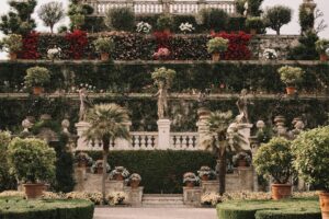 view of a garden at the palazzo borromeo isola bella lake maggiore italy